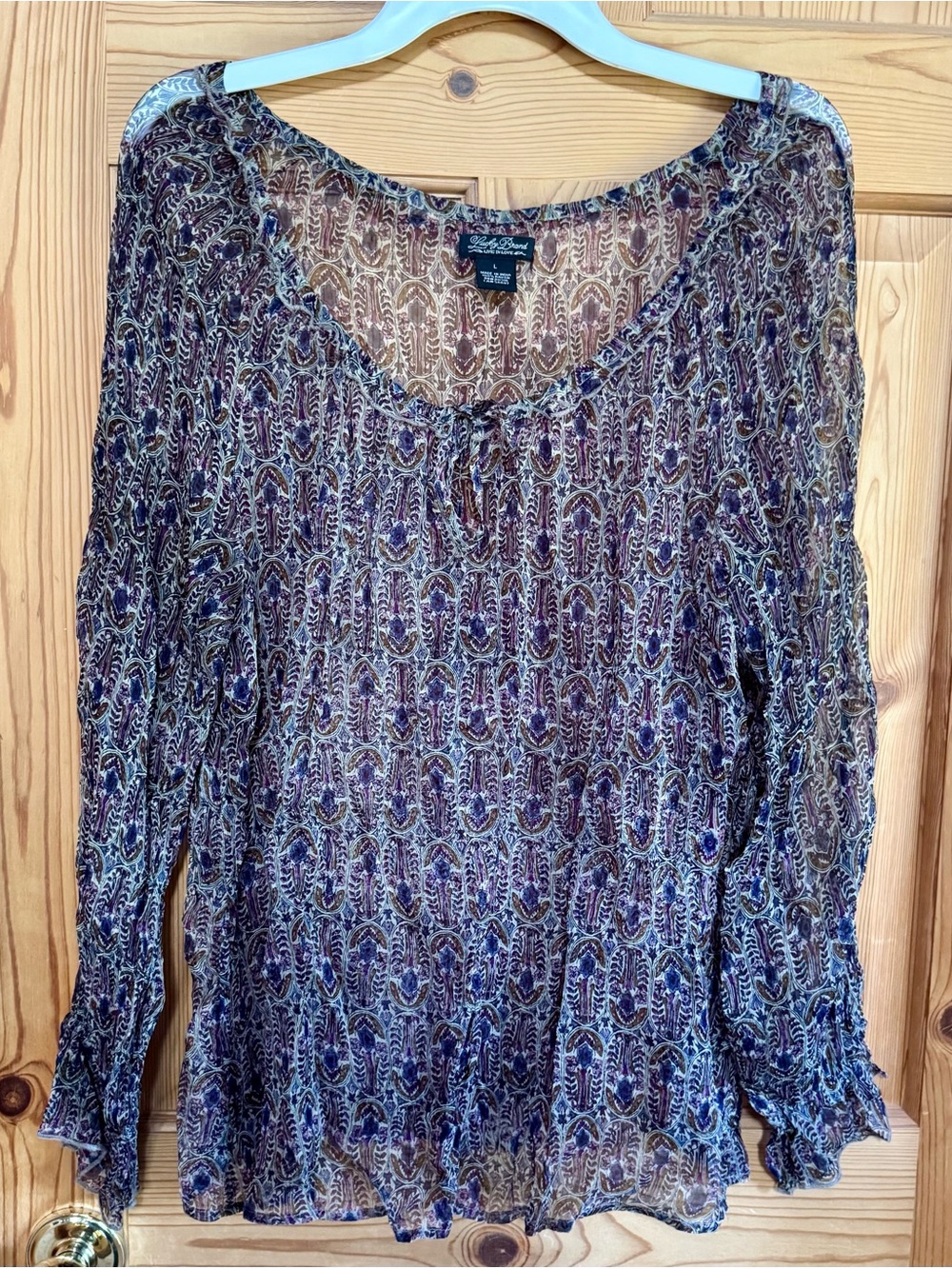 Lucky Brand Sheer Paisley Scoop-Neck Blouse in Purple and Brown
